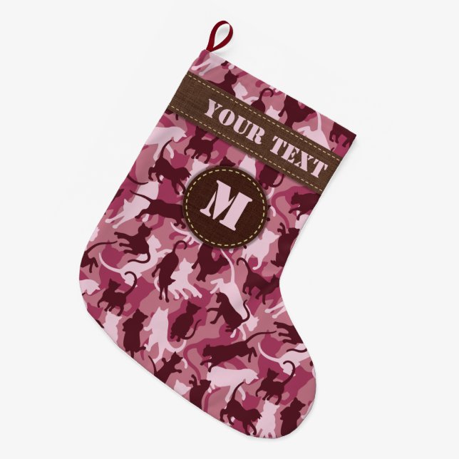 Cats Pink Camouflage Large Christmas Stocking (Front (Hanging))