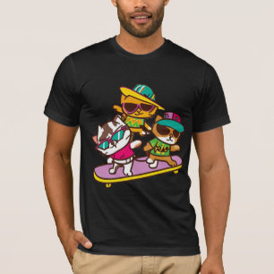 Cats Play Skateboard Wearing Glasses Hip Hop Hat T-Shirt