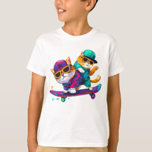 Cats Play Skateboard Wearing Glasses Hip Hop Hat T-Shirt