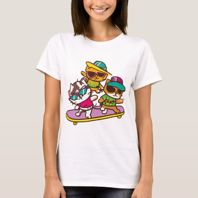 Cats Play Skateboard Wearing Glasses Hip Hop Hat   T-Shirt (Front)