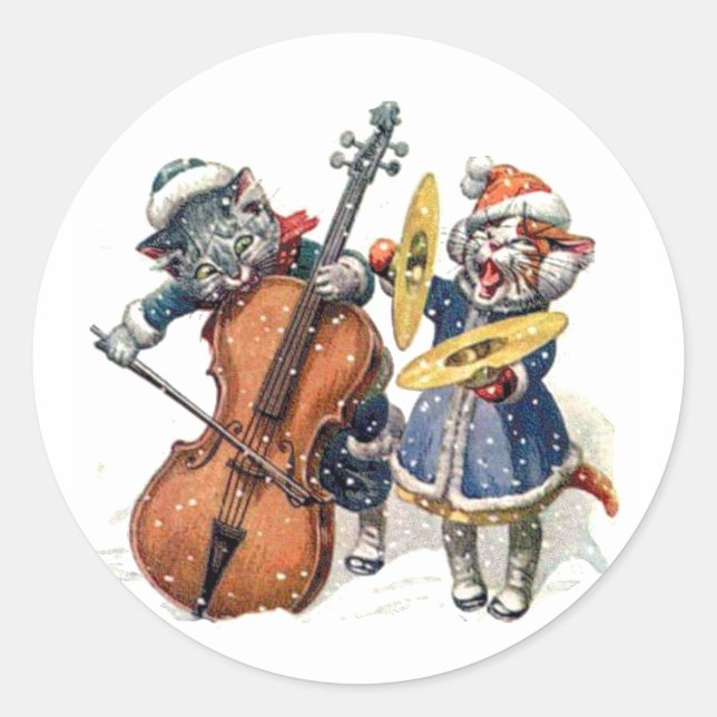 Cats Play the Cello and Cymbals in the Snow Classic Round Sticker (Front)