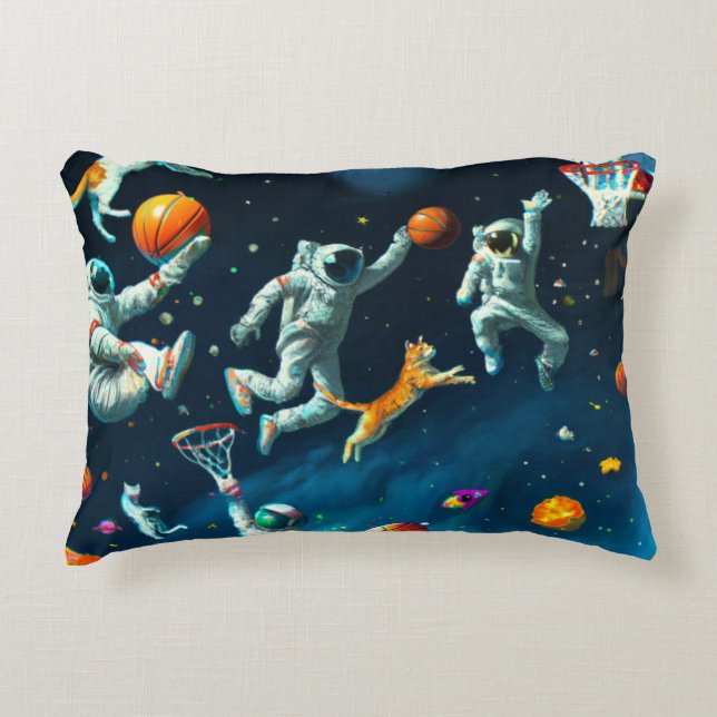 Cats Playing Basketball in Space with Astronauts Decorative Cushion (Front)
