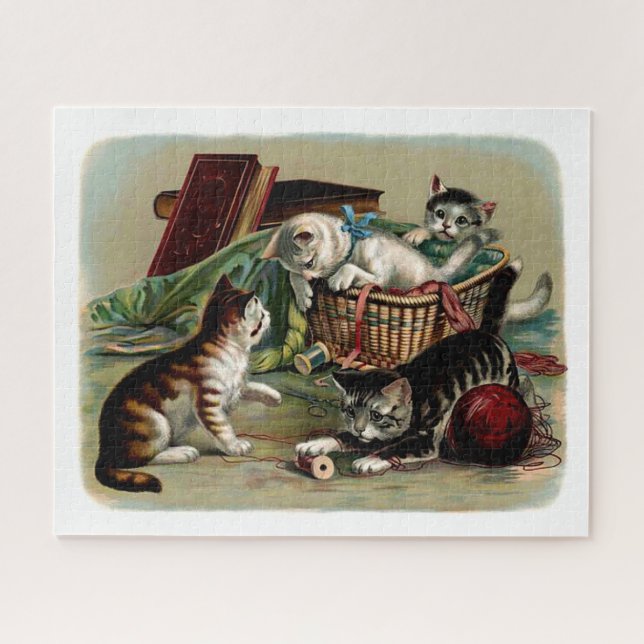 Cats Playing Cute Vintage Picture Jigsaw Puzzle (Horizontal)