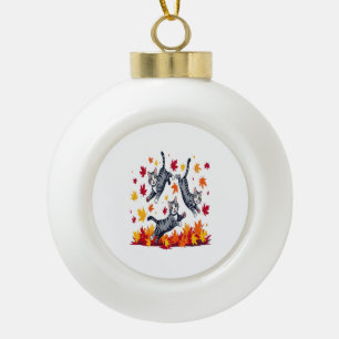 Cats Playing in Autumn Leaves Ceramic Ball Christmas Ornament