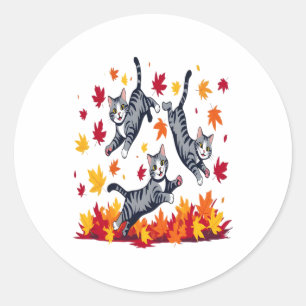 Cats Playing in Autumn Leaves Classic Round Sticker