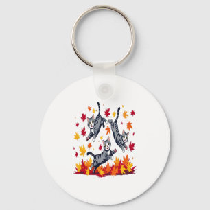 Cats Playing in Autumn Leaves Key Ring