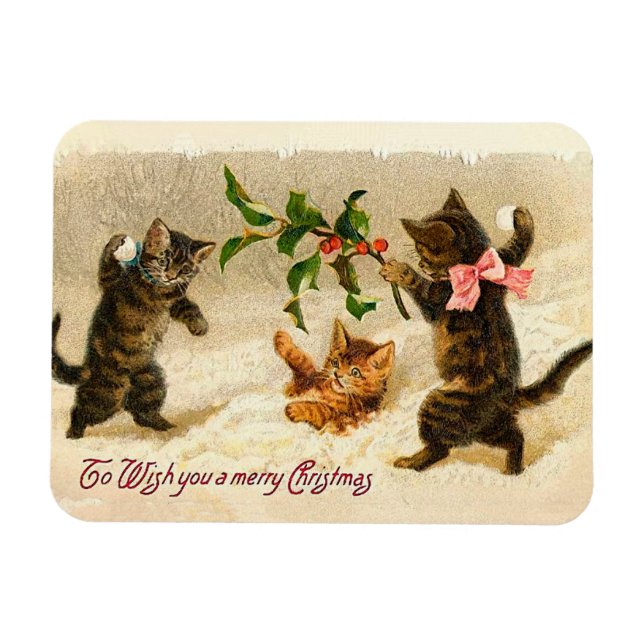 Cats playing in the snow Vintage Christmas Magnet (Horizontal)