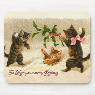 Cats playing in the snow Vintage Christmas Mouse Pad