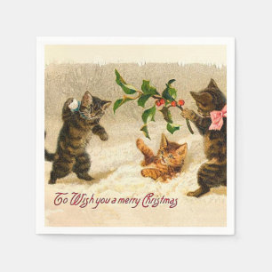 Cats playing in the snow Vintage Christmas Napkin