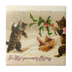 Cats playing in the snow Vintage Christmas Tile