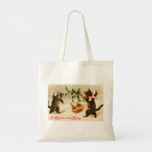 Cats playing in the snow Vintage Christmas Tote Bag