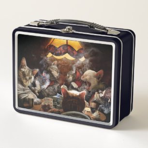 Cats playing poker metal lunch box