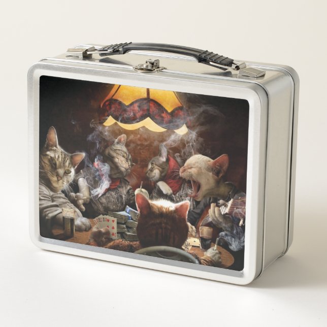 Cats playing poker  metal lunch box (Front)