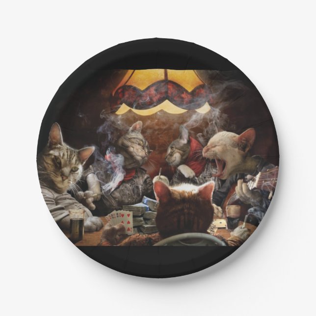 Cats playing poker   paper plate (Front)