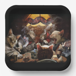 Cats playing poker paper plate