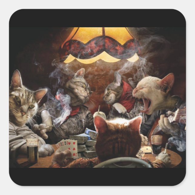 Cats playing poker   square sticker (Front)