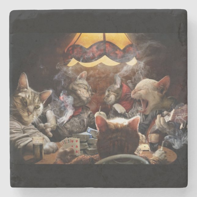Cats playing poker   stone coaster (Front)