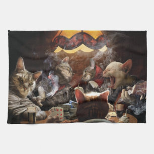 Cats playing poker tea towel