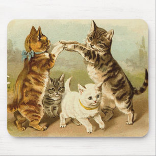 Cats Playing Vintage Illustration Mouse Pad