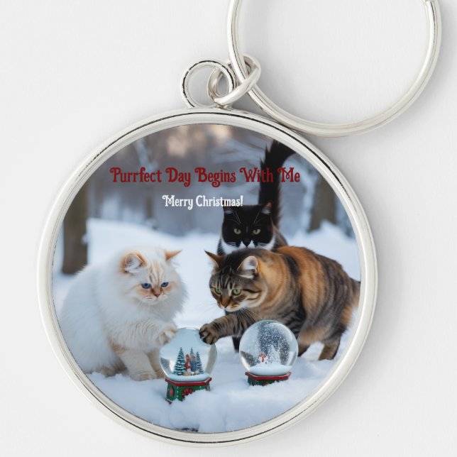 Cats playing with snowglobes key ring (Front)