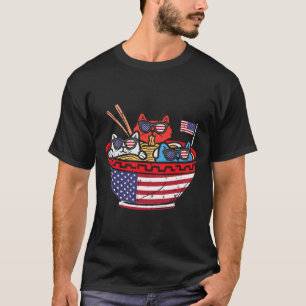 Cats Ramen Anime American Flag Usa Funny 4th Of Ju T-Shirt