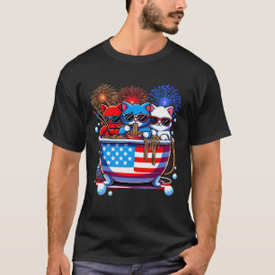 Cats Ramen In Bathtub Anime American Flag USA 4th  T-Shirt
