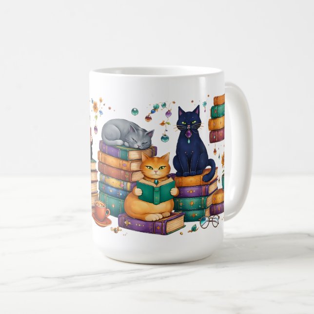 Cats Reading Books Cozy Library Scene Coffee Mug (Front Right)