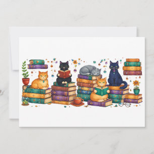 Cats Reading Books Cozy Library Scene Invitation