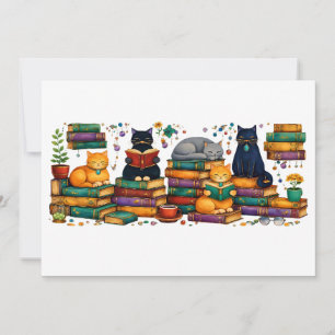 Cats Reading Books Cozy Library Scene Invitation