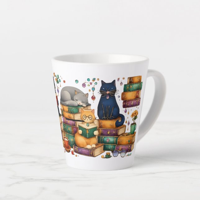 Cats Reading Books Cozy Library Scene Latte Mug (Right Angle)