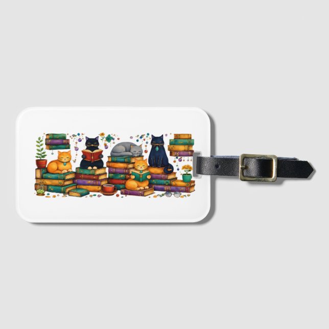 Cats Reading Books Cozy Library Scene Luggage Tag (Front Horizontal)