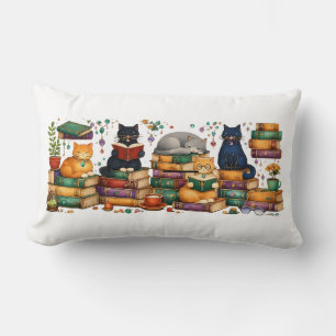 Cats Reading Books Cozy Library Scene Lumbar Cushion