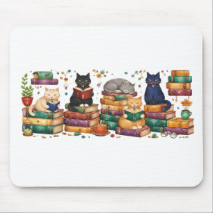 Cats Reading Books Cozy Library Scene Mouse Pad