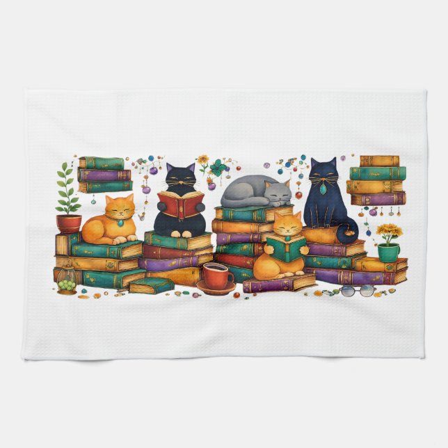 Cats Reading Books Cozy Library Scene Tea Towel (Horizontal)
