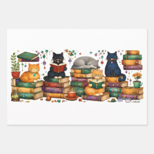 Cats Reading Books Cozy Library Scene Wrapping Paper Sheet