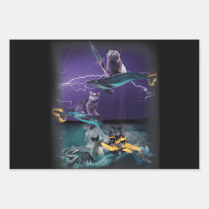 cats riding fire dolphins wreaking sea wrapping paper sheet