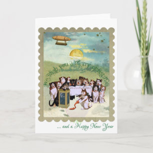 Cats singing with a steampunk christmas theme holiday card