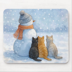 Cats Sitting With a Snowman In a Field Mouse Pad