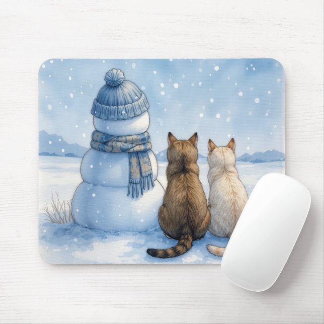 Cats Sitting With a Snowman In a Field Mouse Pad (With Mouse)