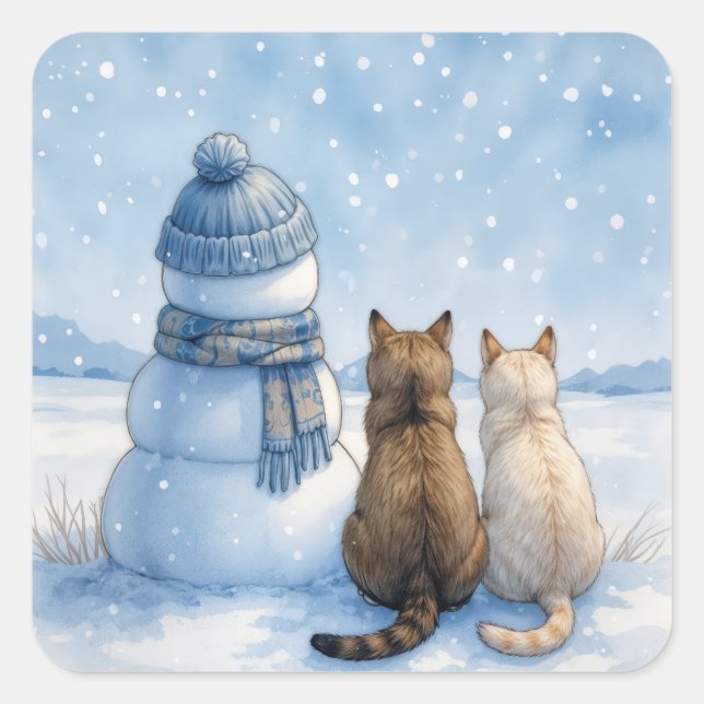 Cats Sitting With a Snowman In a Field Square Sticker (Front)