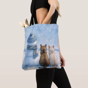 Cats Sitting With a Snowman In a Field Tote Bag