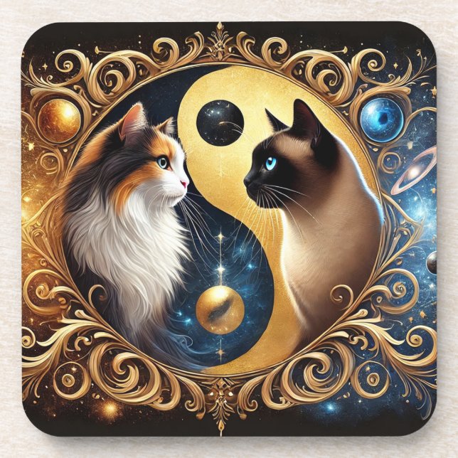 Cats Symbolising Balance with a Yin Yang Coaster (Front)