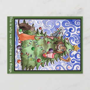 Cats & their human & a Christmas tree Holiday Postcard