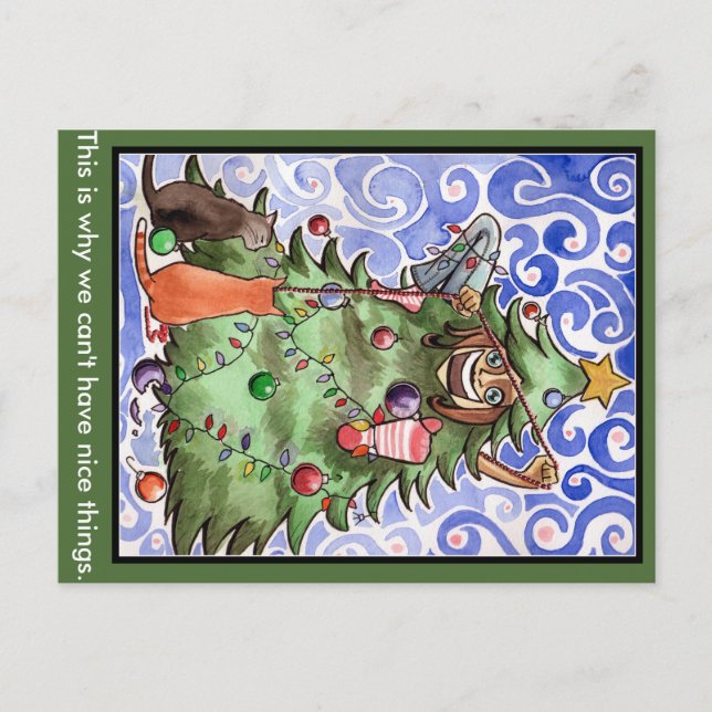 Cats & their human & a Christmas tree Holiday Postcard (Front)