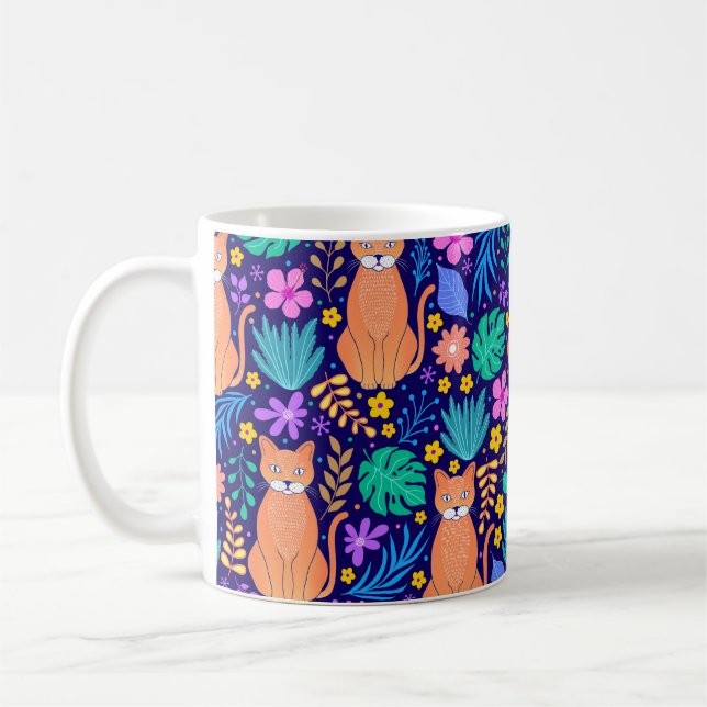 Cats & Tropical Flowers: Dark Pattern Coffee Mug (Left)