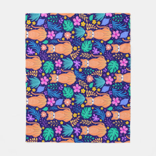 Cats & Tropical Flowers: Dark Pattern Fleece Blanket