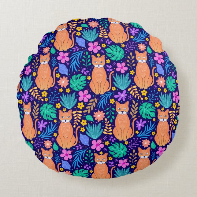 Cats & Tropical Flowers: Dark Pattern Round Cushion (Front)