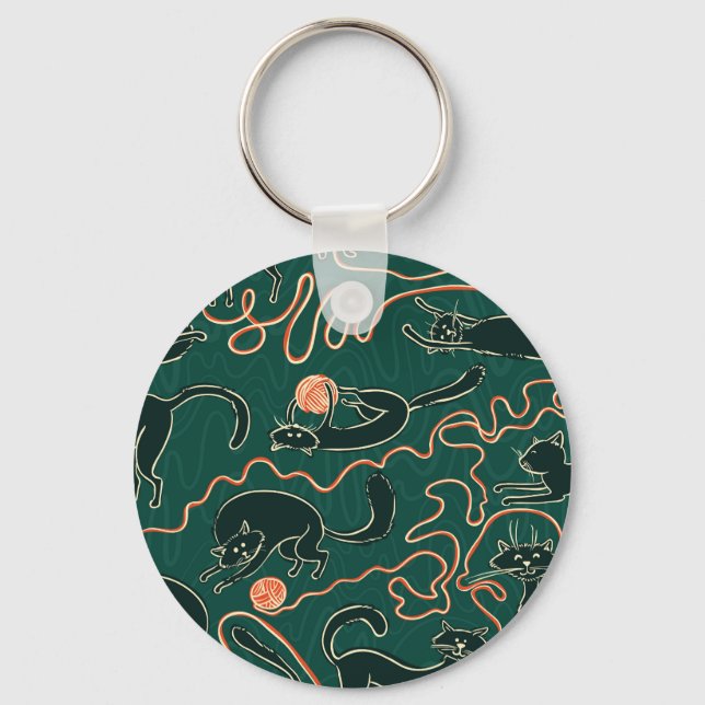 Cats Vintage: Doodle Seamless Pattern Key Ring (Front)