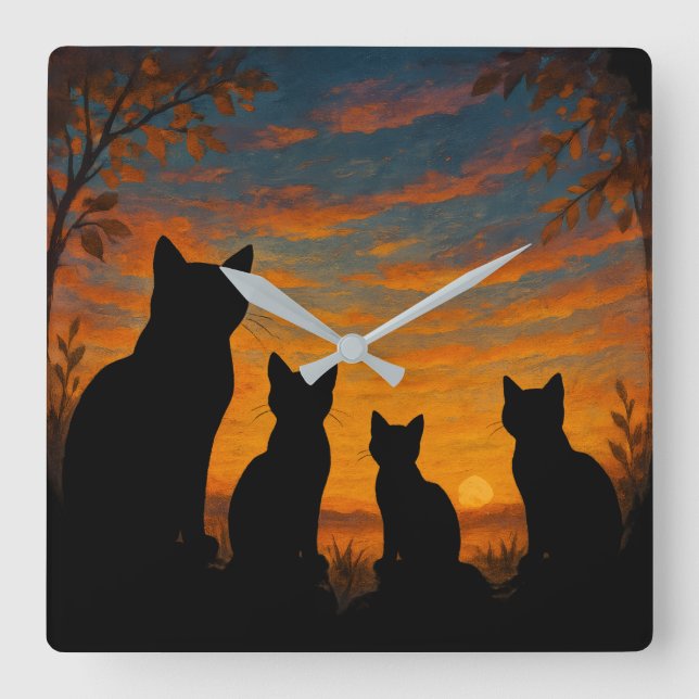Cats Watch Sunset Square Wall Clock (Front)