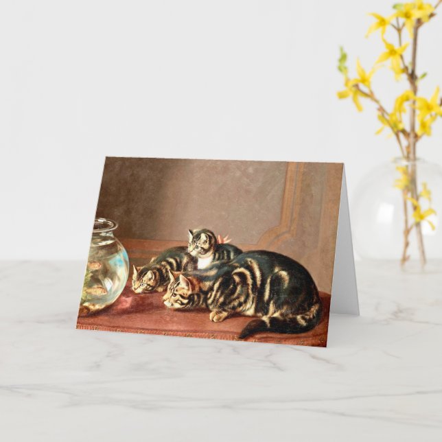 Cats Watching Fish In A Fishbowl  Card (Yellow Flower)